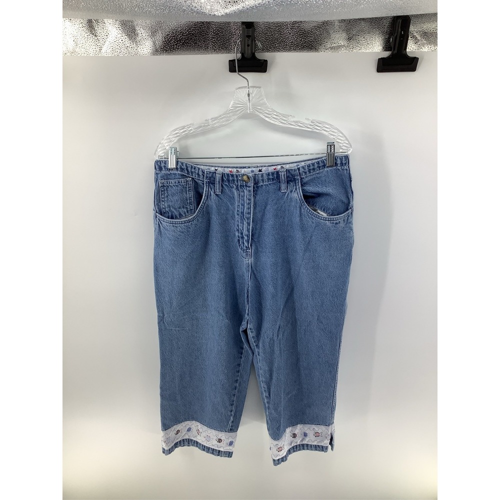 Christopher & Banks Blue Denim Capri Pants Fish Star Trim Womens 12 Nautical